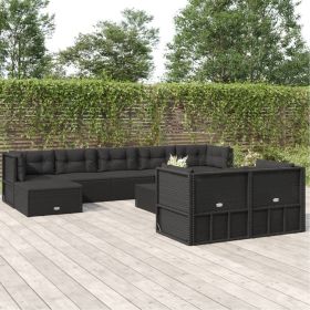 9 Piece Patio Lounge Set with Cushions Black Poly Rattan