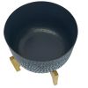 Alex 12 Inch Artisanal Industrial Round Hammered Metal Planter Pot with Wood Arch Stand, Midnight Blue