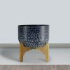 Alex 12 Inch Artisanal Industrial Round Hammered Metal Planter Pot with Wood Arch Stand, Midnight Blue