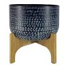 Alex 12 Inch Artisanal Industrial Round Hammered Metal Planter Pot with Wood Arch Stand, Midnight Blue