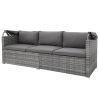 5 Pieces Outdoor Sectional Patio Rattan Sofa Set Rattan Daybed ; PE Wicker Conversation Furniture Set w/ Canopy and Tempered Glass Side Table; Gray