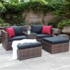 5 Pieces Outdoor Patio Garden Brown Wicker Sectional Conversation Sofa Set with Black Cushions and Red Pillows,w/ Furniture Protection Cover