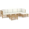 6 Piece Patio Lounge Set with Cream White Cushions Bamboo