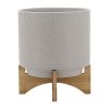 10" PLANTER W/ WOOD STAND, MATTE BEIGE