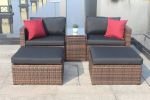 5 Pieces Outdoor Patio Garden Brown Wicker Sectional Conversation Sofa Set with Black Cushions and Red Pillows,w/ Furniture Protection Cover