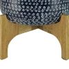 Alex 12 Inch Artisanal Industrial Round Hammered Metal Planter Pot with Wood Arch Stand, Midnight Blue