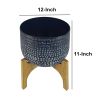 Alex 12 Inch Artisanal Industrial Round Hammered Metal Planter Pot with Wood Arch Stand, Midnight Blue