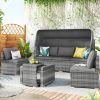 5 Pieces Outdoor Sectional Patio Rattan Sofa Set Rattan Daybed ; PE Wicker Conversation Furniture Set w/ Canopy and Tempered Glass Side Table; Gray