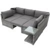 5 Pieces Outdoor Sectional Patio Rattan Sofa Set Rattan Daybed ; PE Wicker Conversation Furniture Set w/ Canopy and Tempered Glass Side Table; Gray