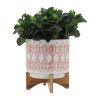 CERAMIC 10" AZTEC PLANTER ON WOODEN STAND, ORANGE